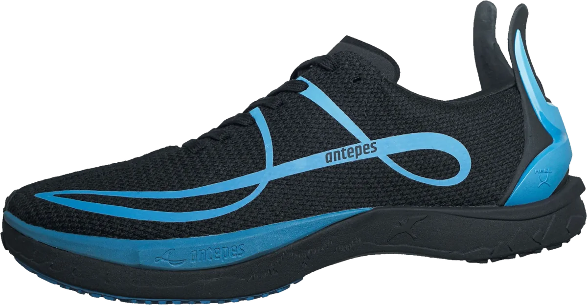 The Antepes Muscle Runner, a black and blue forefoot-strike training shoe, in profile