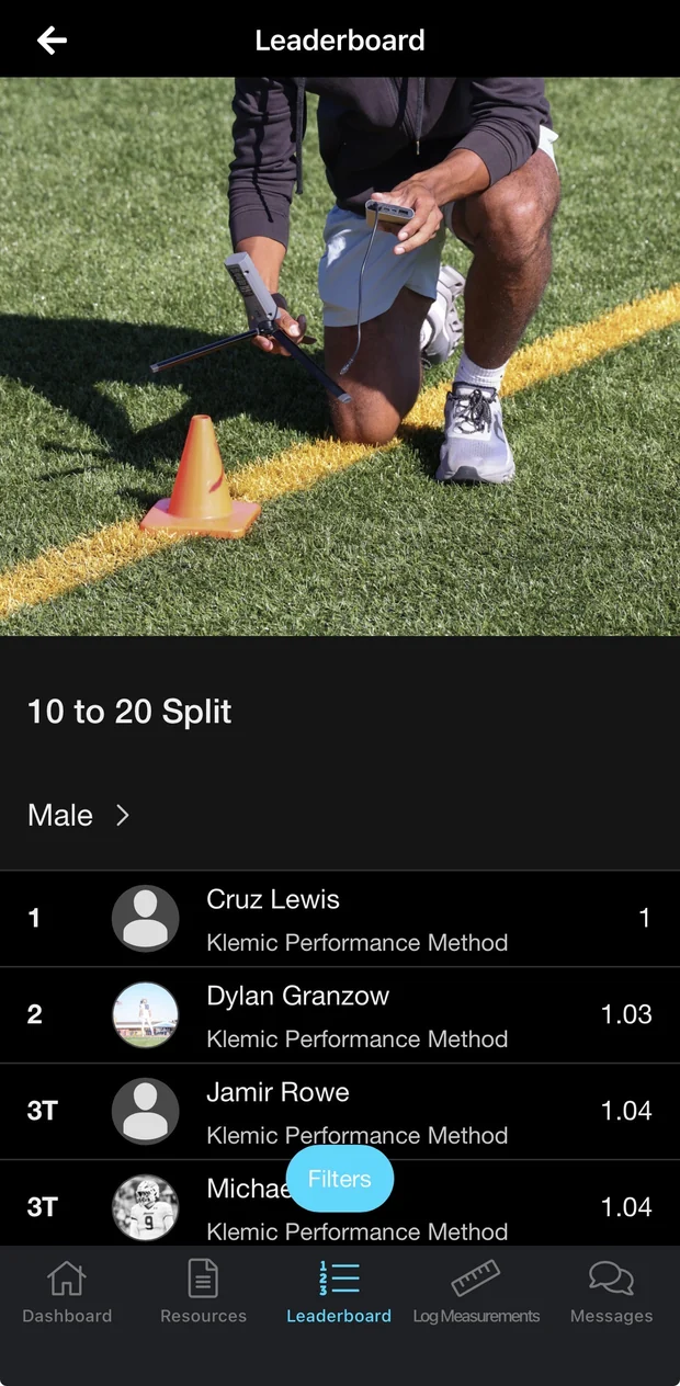 The KPM app leaderboard for the 10 to 20 split, ranking athletes with a filter for gender