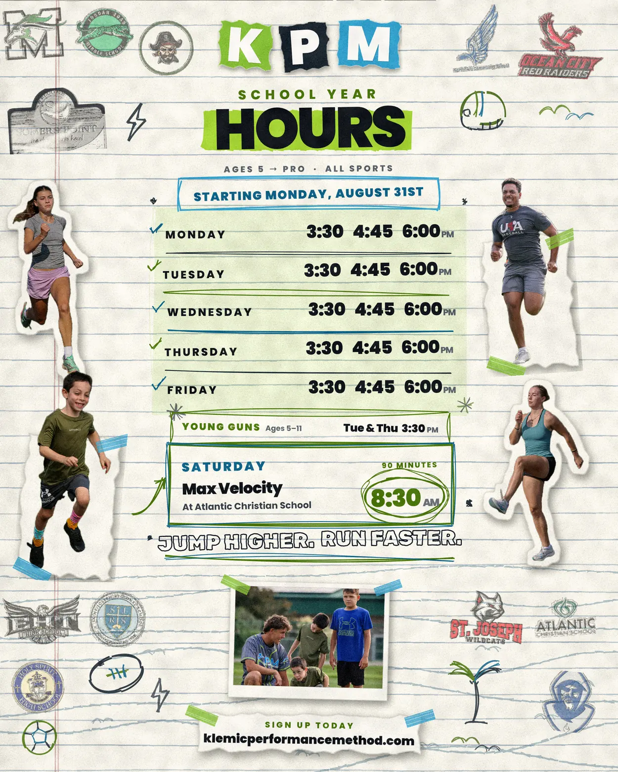 KPM school year hours poster — the same times are listed beside it