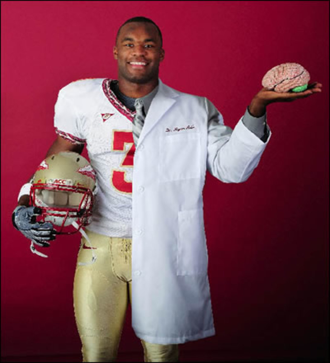 Myron Rolle in a Florida State uniform and a white coat, holding a model brain